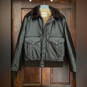 Vtg Van Cort Brown 4 Pockets Faux Fur Collar Leather Jacket Adult Size 40